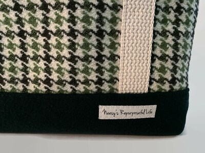 Small Upcycled Tote Bag, Green Houndstooth Wool with Lining - image2